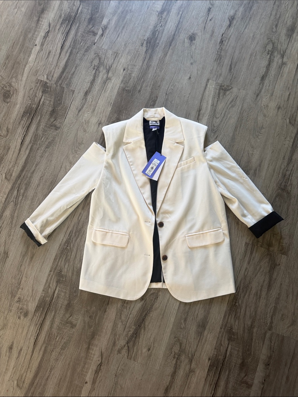 Future Collective Cream Blazer Exposed Shoulder with Black Lining